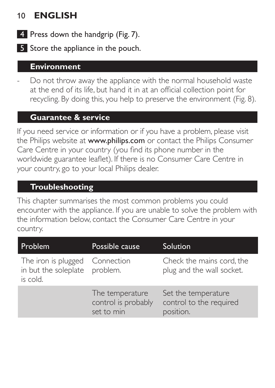 Environment, Guarantee & service, Troubleshooting | Philips Trocken-Bügeleisen User Manual | Page 10 / 80