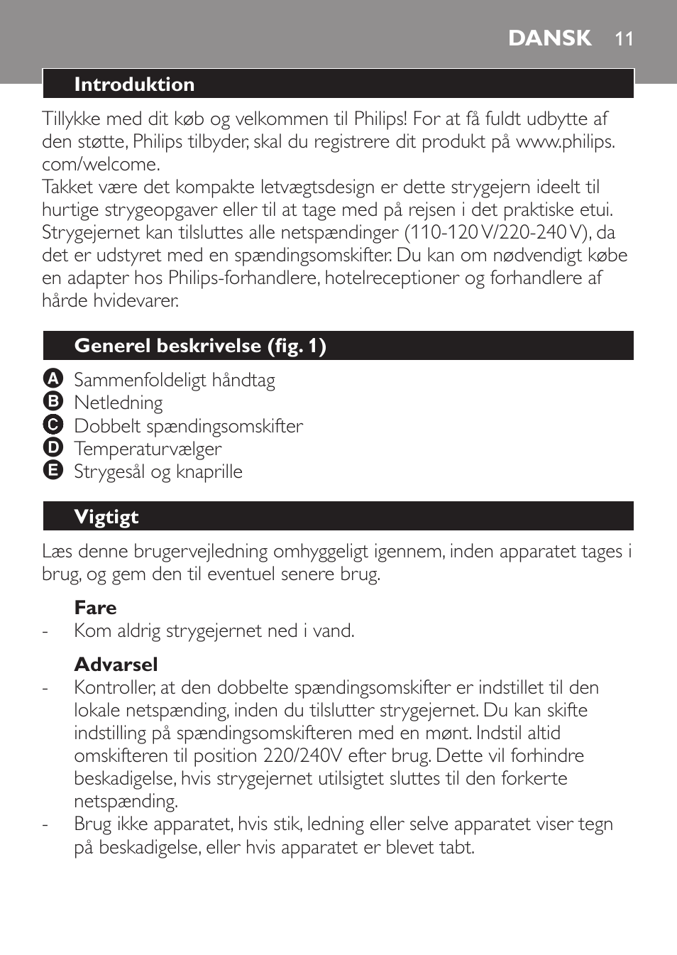 Fare, Advarsel, Dansk | Introduktion, Generel beskrivelse (fig. 1), Vigtigt | Philips Trocken-Bügeleisen User Manual | Page 11 / 80