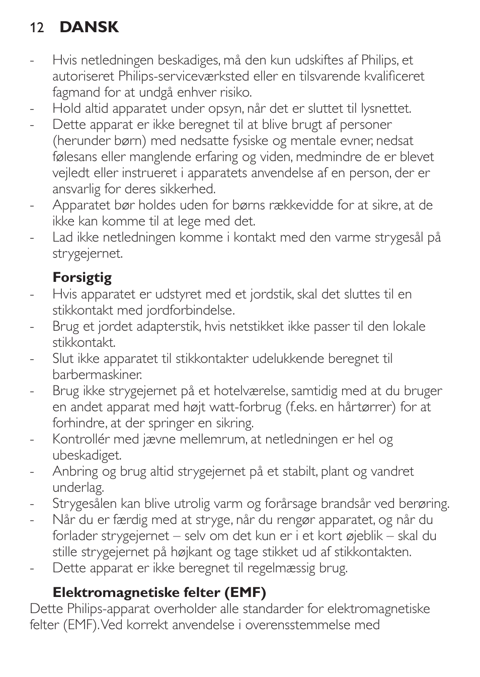 Forsigtig, Elektromagnetiske felter (emf) | Philips Trocken-Bügeleisen User Manual | Page 12 / 80