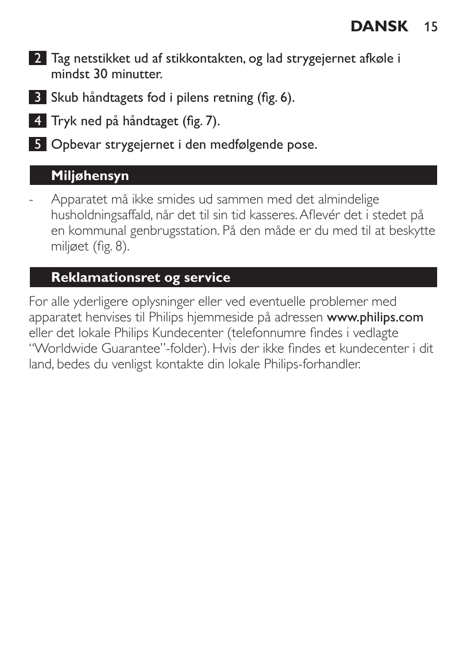 Miljøhensyn, Reklamationsret og service, Fejlfinding | Philips Trocken-Bügeleisen User Manual | Page 15 / 80
