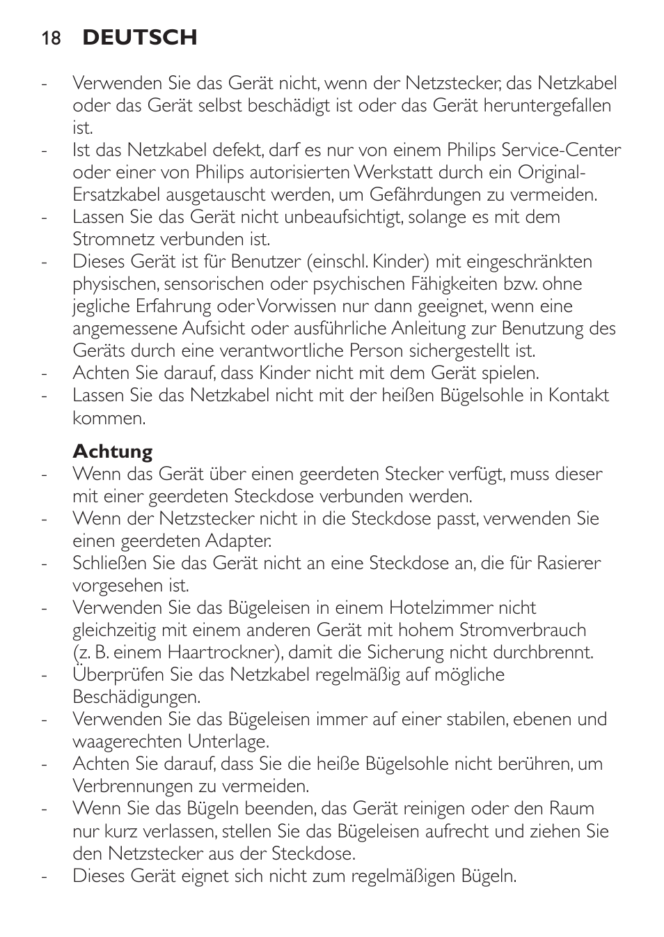 Achtung | Philips Trocken-Bügeleisen User Manual | Page 18 / 80