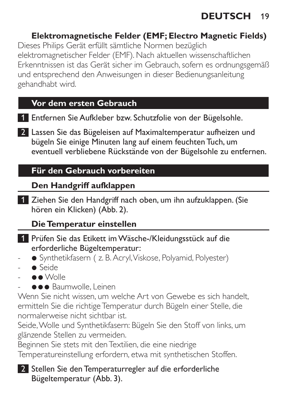 Vor dem ersten gebrauch, Für den gebrauch vorbereiten, Den handgriff aufklappen | Die temperatur einstellen | Philips Trocken-Bügeleisen User Manual | Page 19 / 80
