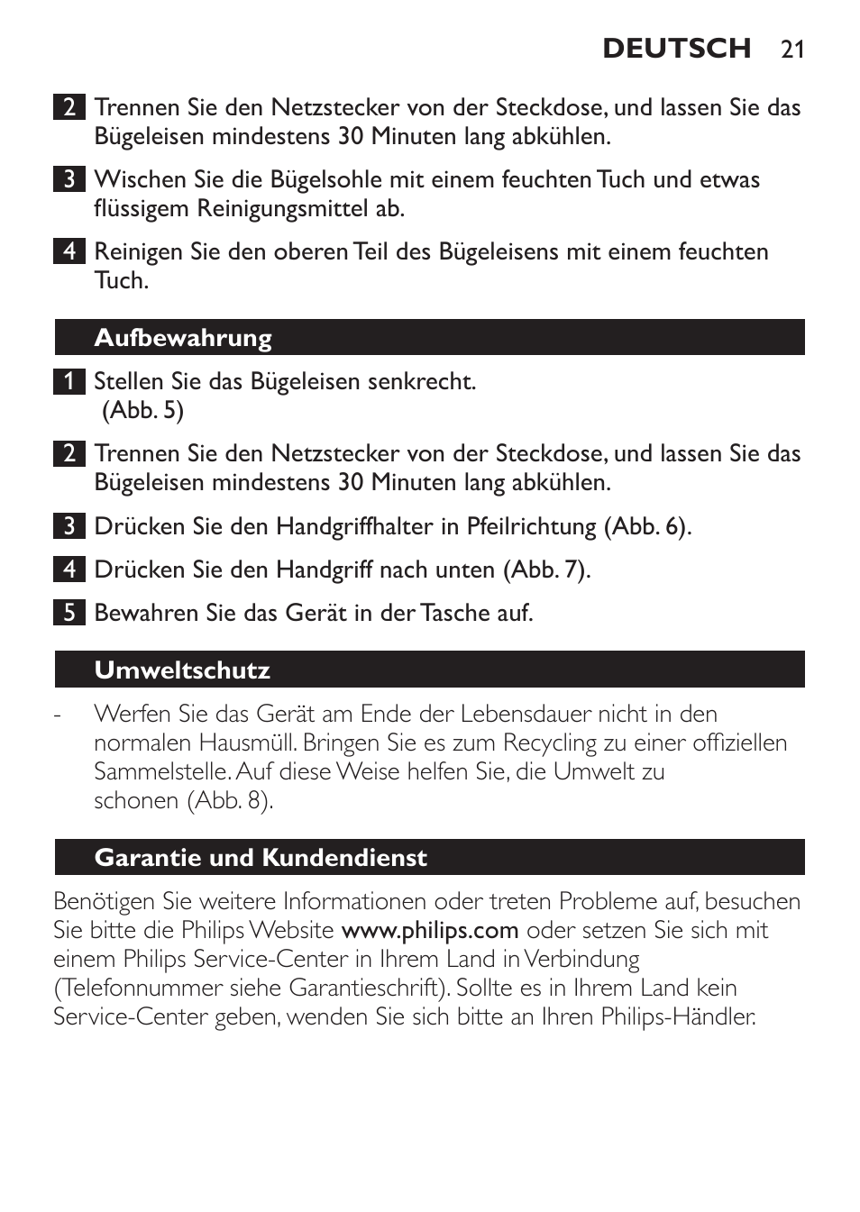 Aufbewahrung, Umweltschutz, Garantie und kundendienst | Philips Trocken-Bügeleisen User Manual | Page 21 / 80