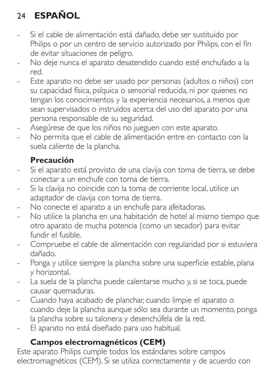 Precaución, Campos electromagnéticos (cem) | Philips Trocken-Bügeleisen User Manual | Page 24 / 80