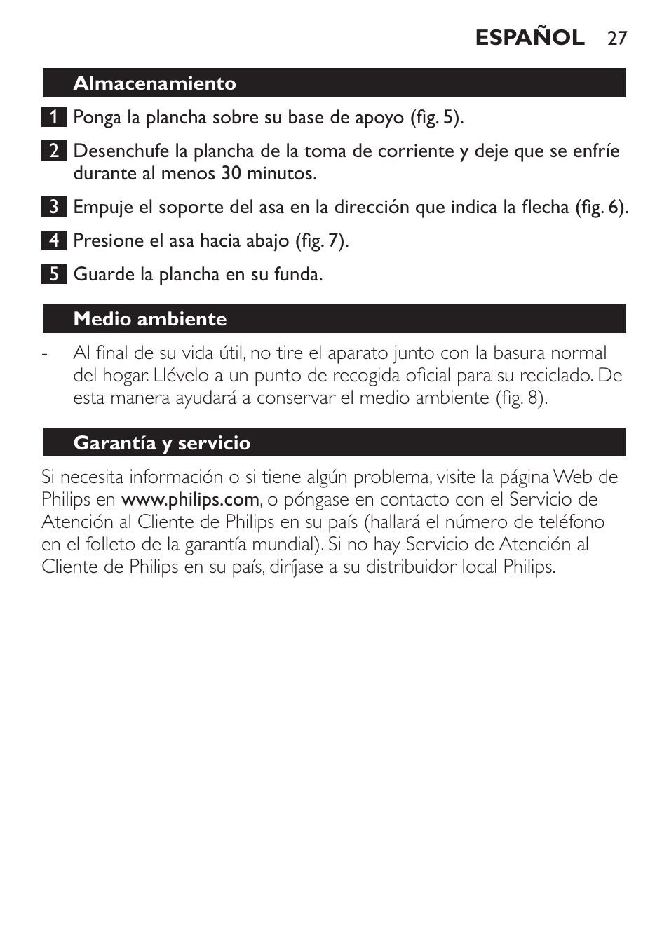 Almacenamiento, Medio ambiente, Garantía y servicio | Guía de resolución de problemas | Philips Trocken-Bügeleisen User Manual | Page 27 / 80