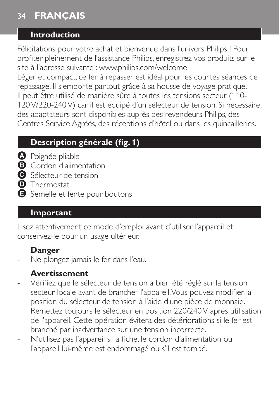 Danger, Avertissement, Français | Introduction, Description générale (fig. 1), Important | Philips Trocken-Bügeleisen User Manual | Page 34 / 80