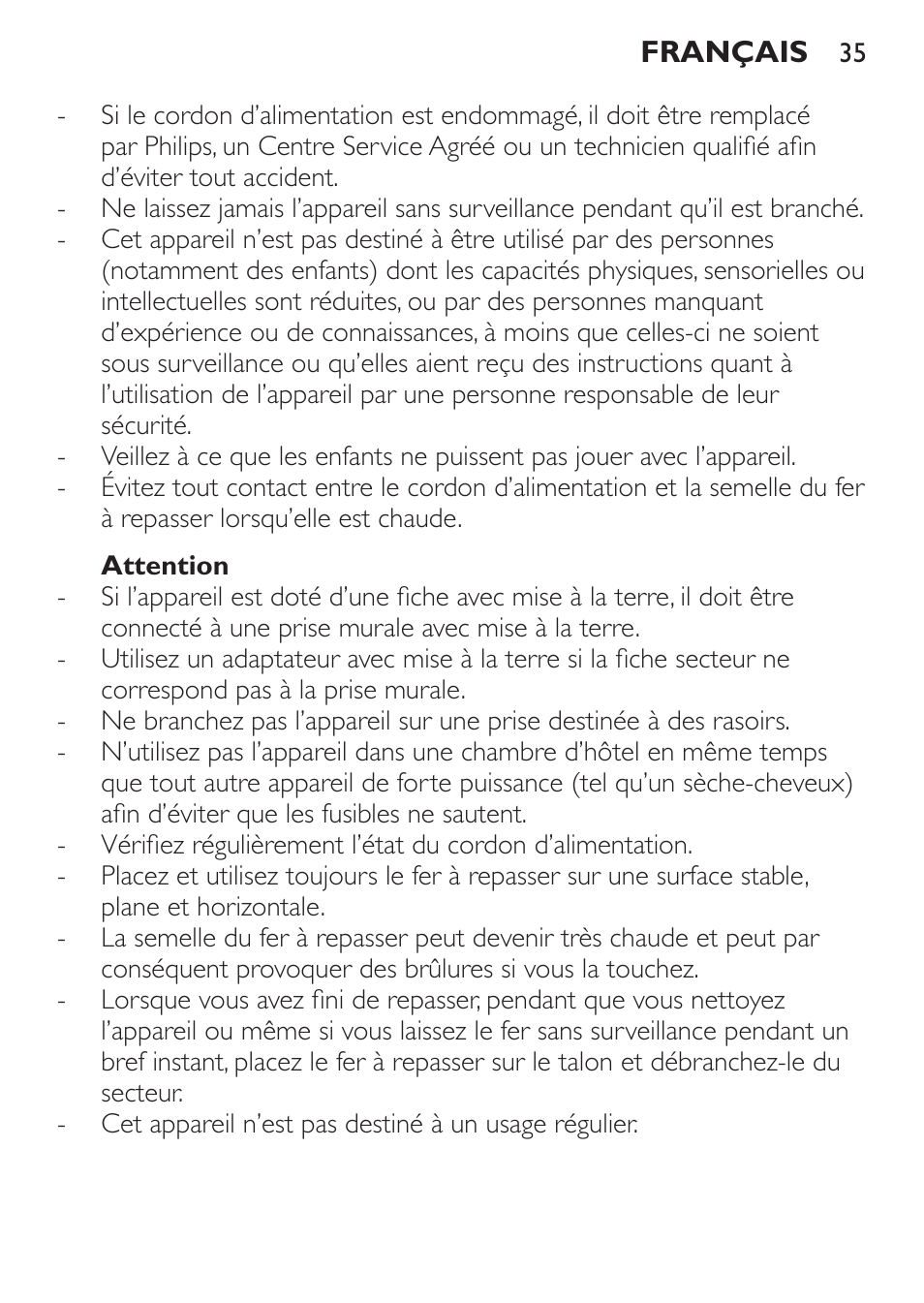 Attention | Philips Trocken-Bügeleisen User Manual | Page 35 / 80