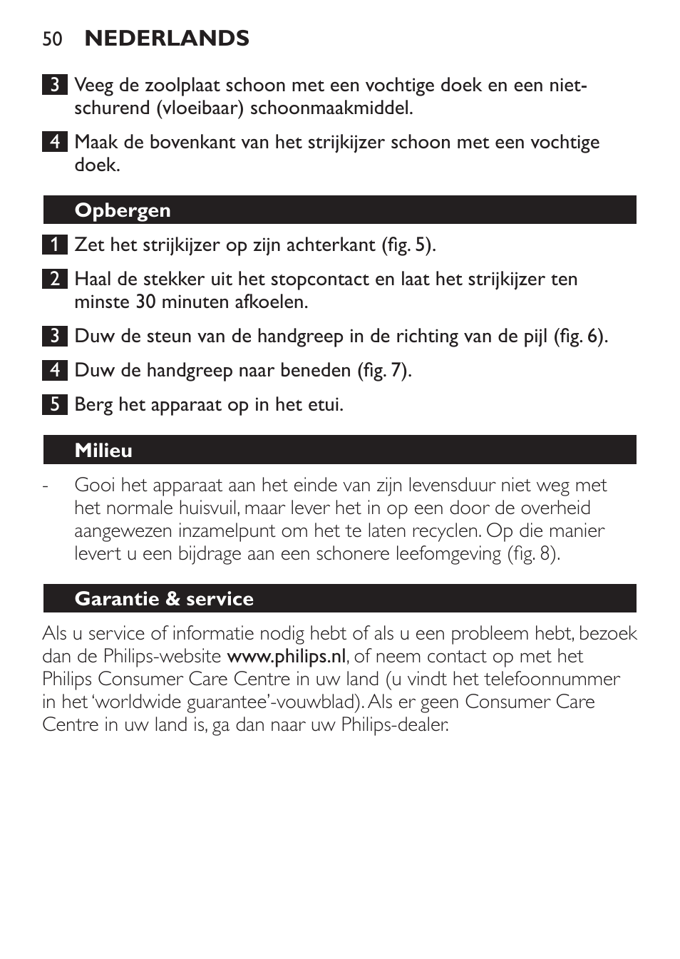 Opbergen, Milieu, Garantie & service | Problemen oplossen | Philips Trocken-Bügeleisen User Manual | Page 50 / 80