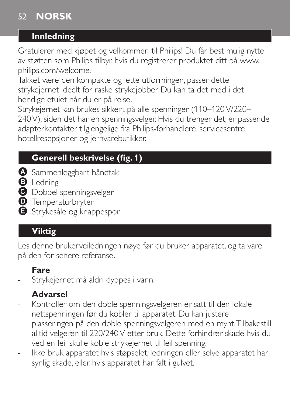 Fare, Advarsel, Norsk | Innledning, Generell beskrivelse (fig. 1), Viktig | Philips Trocken-Bügeleisen User Manual | Page 52 / 80