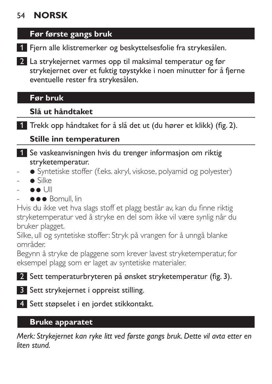 Før første gangs bruk, Før bruk, Slå ut håndtaket | Stille inn temperaturen, Bruke apparatet | Philips Trocken-Bügeleisen User Manual | Page 54 / 80