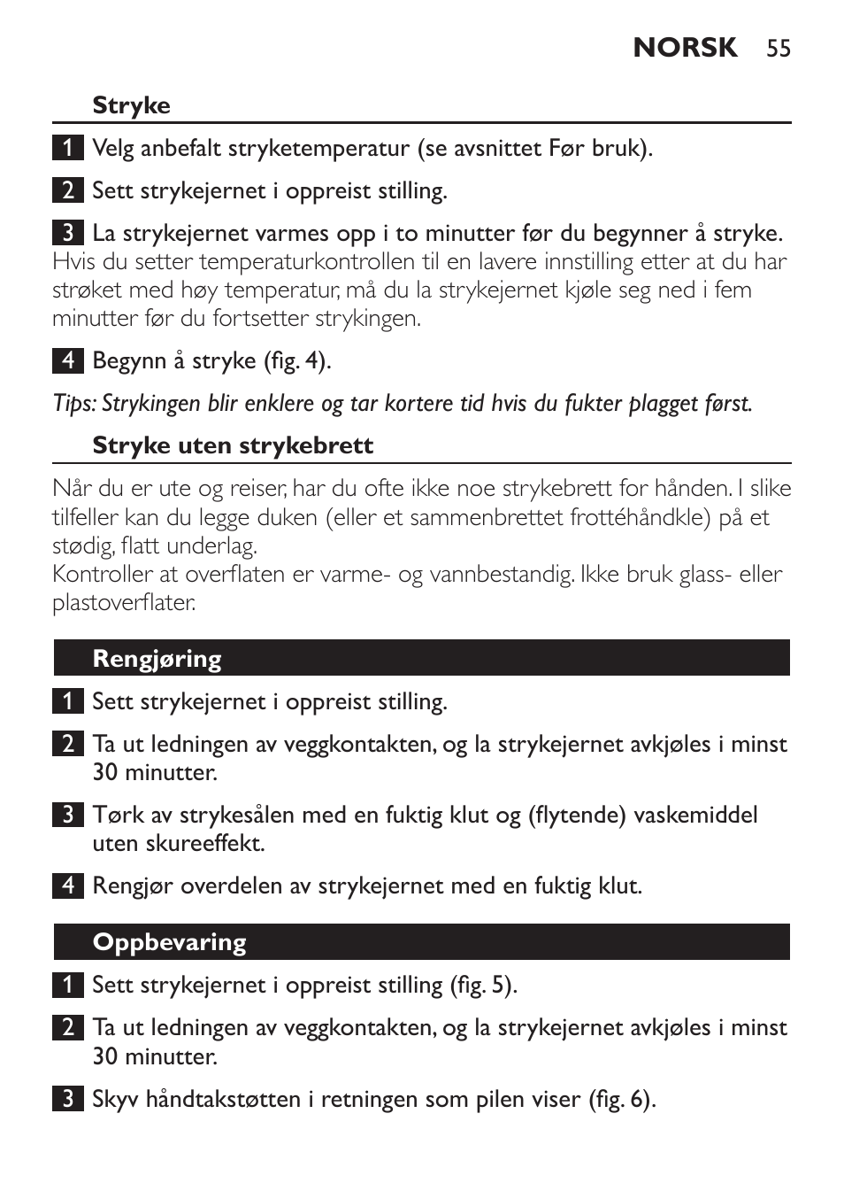 Stryke, Stryke uten strykebrett, Rengjøring | Oppbevaring | Philips Trocken-Bügeleisen User Manual | Page 55 / 80