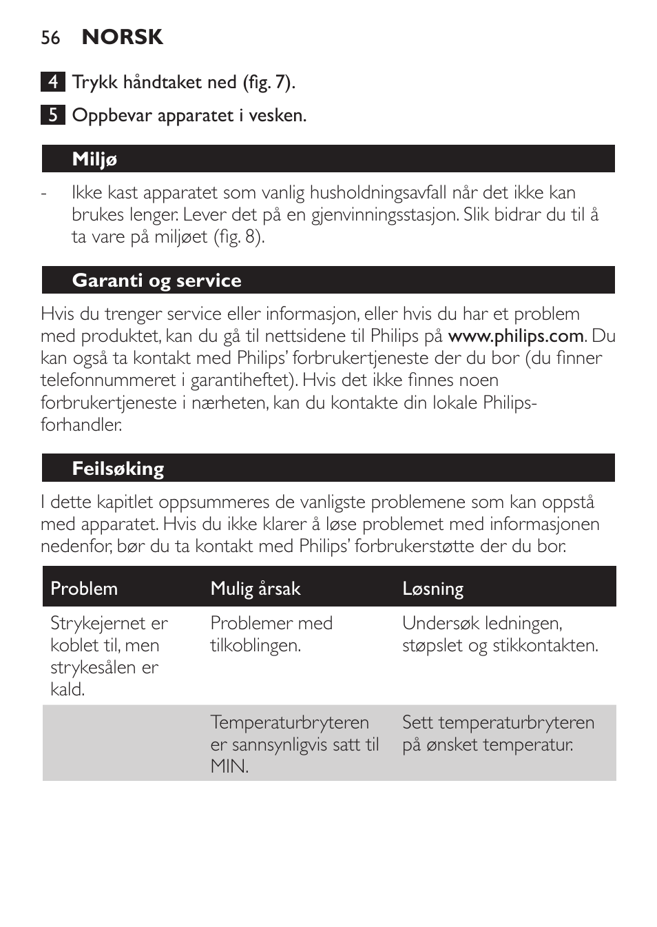 Miljø, Garanti og service, Feilsøking | Philips Trocken-Bügeleisen User Manual | Page 56 / 80