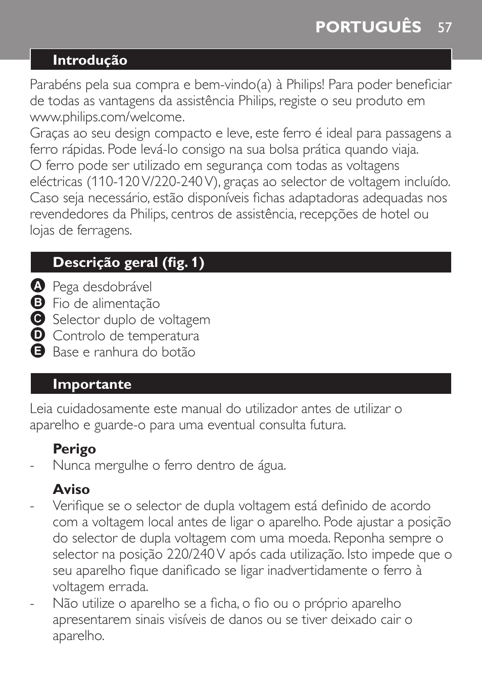 Perigo, Aviso, Português | Introdução, Descrição geral (fig. 1), Importante | Philips Trocken-Bügeleisen User Manual | Page 57 / 80