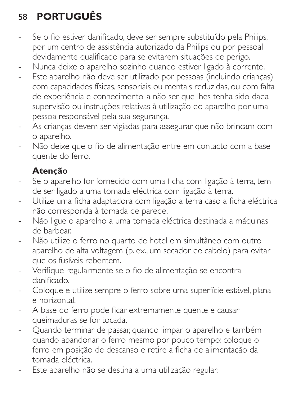 Atenção | Philips Trocken-Bügeleisen User Manual | Page 58 / 80