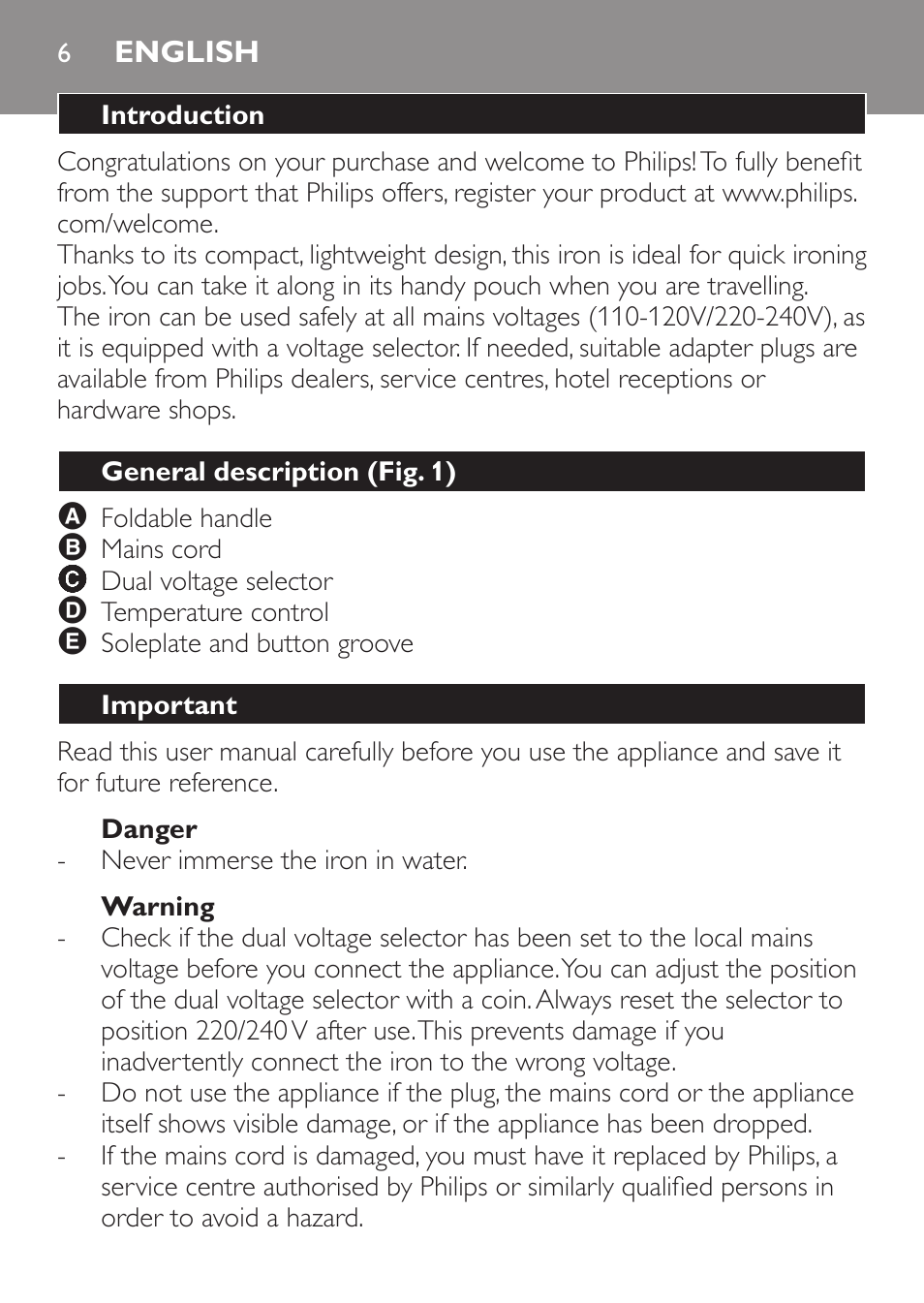 English, Introduction, General description (fig. 1) | Important, Danger, Warning | Philips Trocken-Bügeleisen User Manual | Page 6 / 80