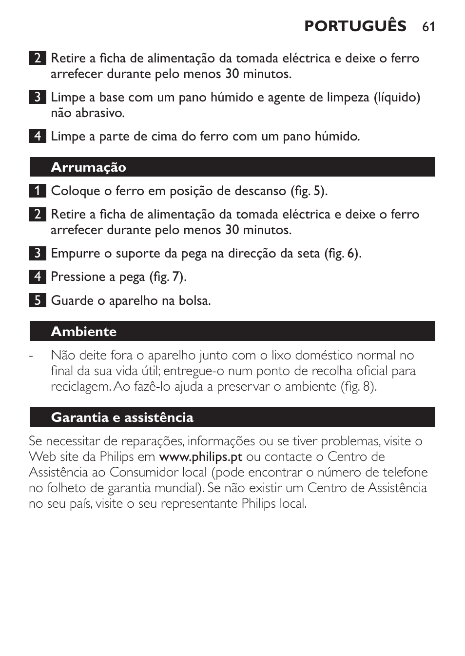 Arrumação, Ambiente, Garantia e assistência | Resolução de problemas | Philips Trocken-Bügeleisen User Manual | Page 61 / 80