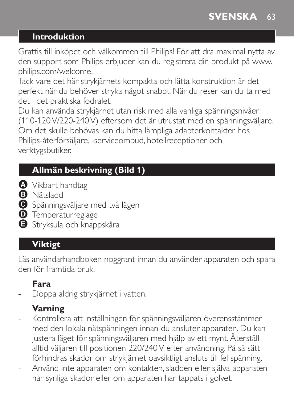 Fara, Varning, Svenska | Introduktion, Allmän beskrivning (bild 1), Viktigt | Philips Trocken-Bügeleisen User Manual | Page 63 / 80