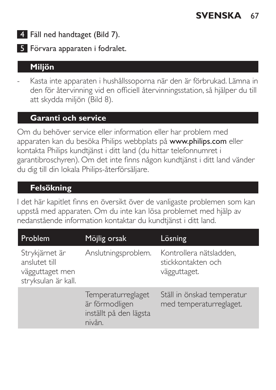 Miljön, Garanti och service, Felsökning | Philips Trocken-Bügeleisen User Manual | Page 67 / 80
