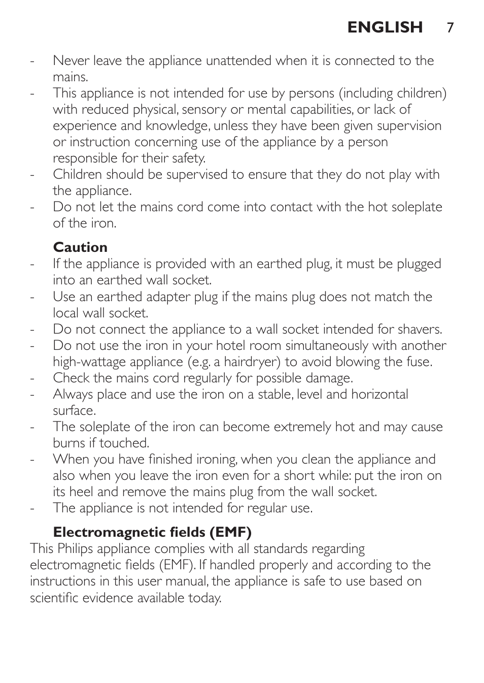 Caution, Electromagnetic fields (emf) | Philips Trocken-Bügeleisen User Manual | Page 7 / 80