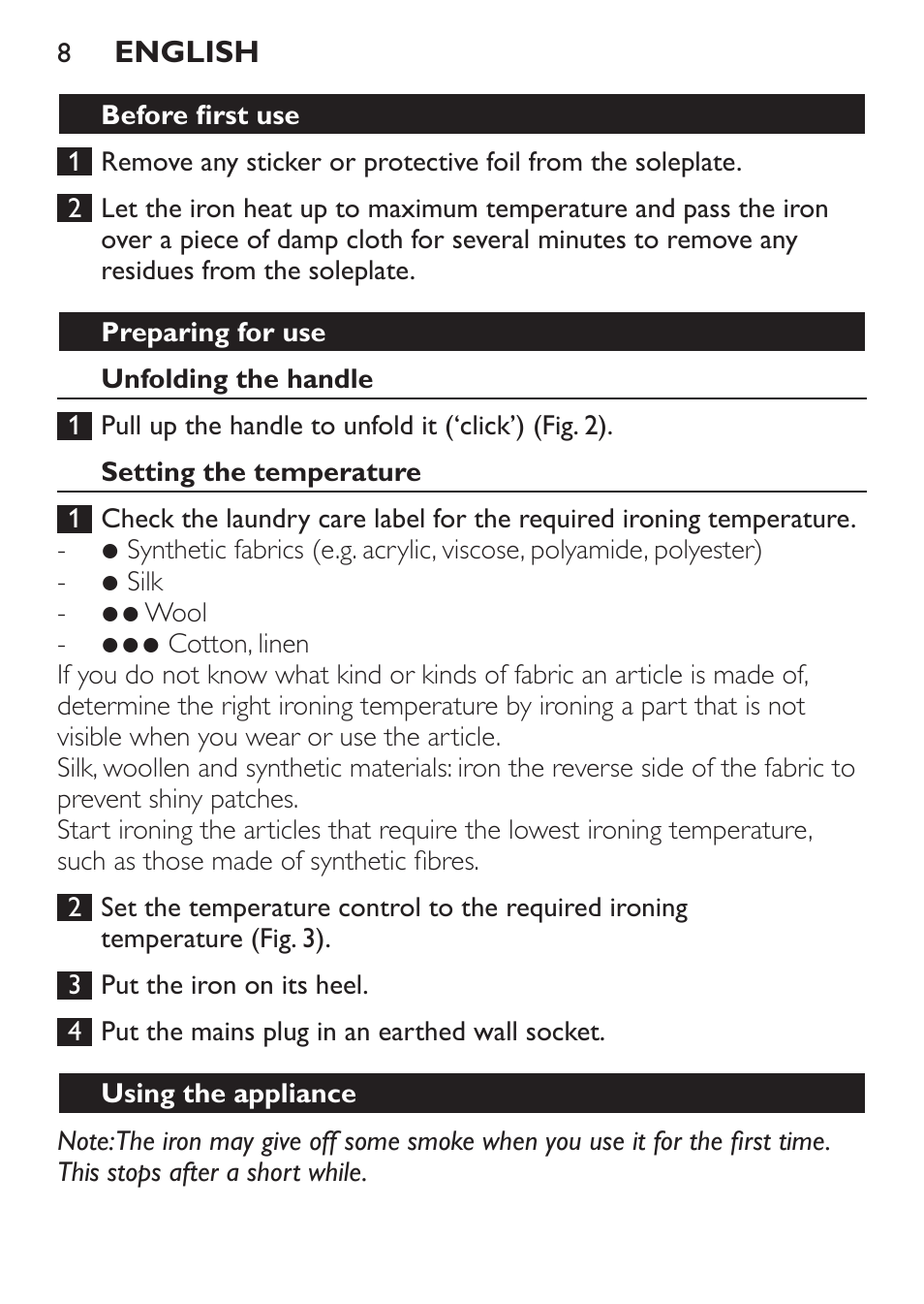 Before first use, Preparing for use, Unfolding the handle | Setting the temperature, Using the appliance | Philips Trocken-Bügeleisen User Manual | Page 8 / 80