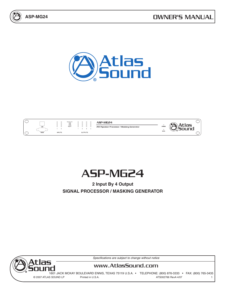 Atlas Sound Sound Masking Generator/ Equalizer ASP-MG24 User Manual | 28 pages