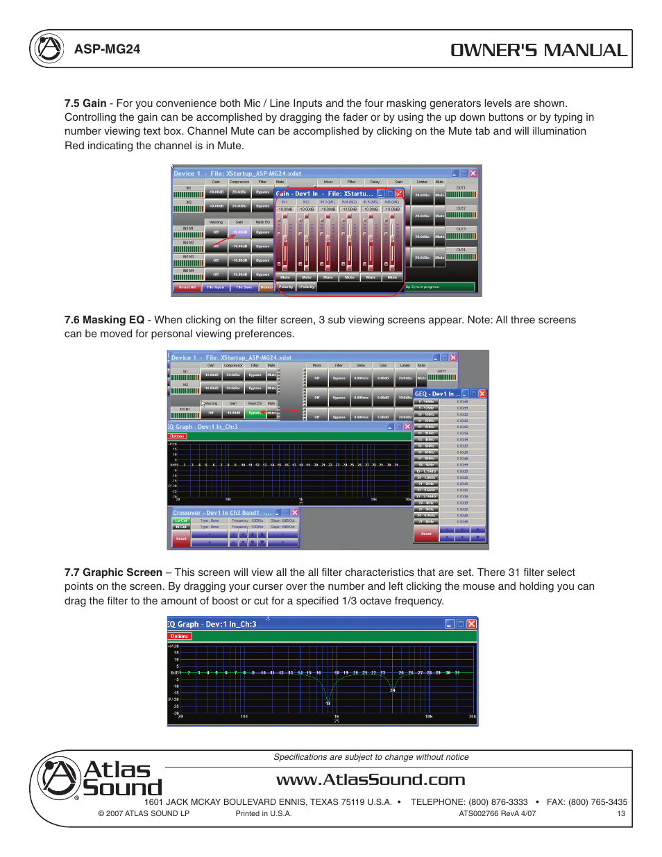 Owner's manual | Atlas Sound Sound Masking Generator/ Equalizer ASP-MG24 User Manual | Page 13 / 28