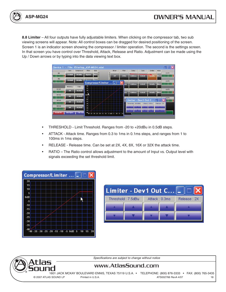 Owner's manual | Atlas Sound Sound Masking Generator/ Equalizer ASP-MG24 User Manual | Page 18 / 28