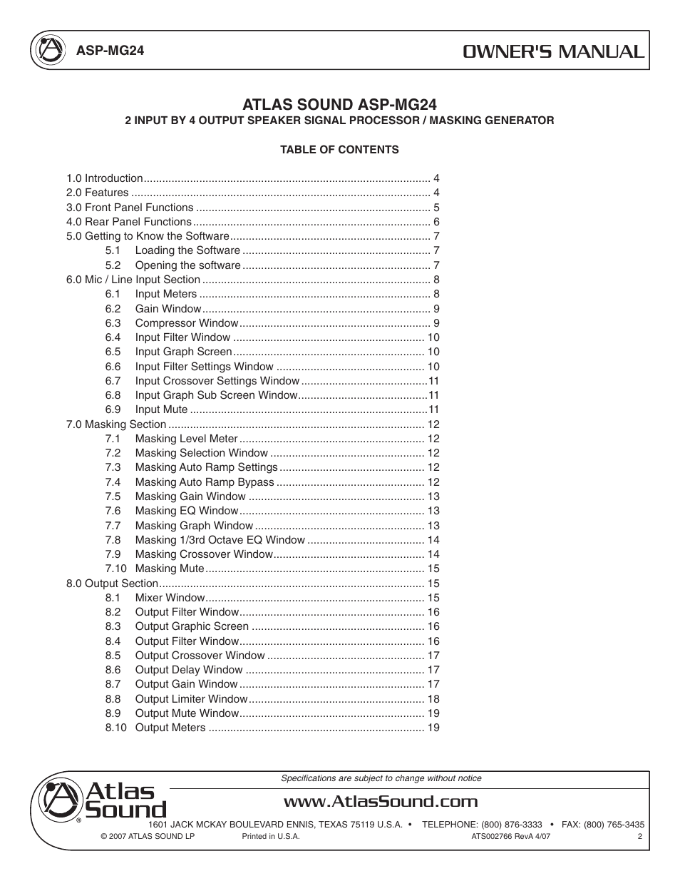 Owner's manual, Atlas sound asp-mg24 | Atlas Sound Sound Masking Generator/ Equalizer ASP-MG24 User Manual | Page 2 / 28