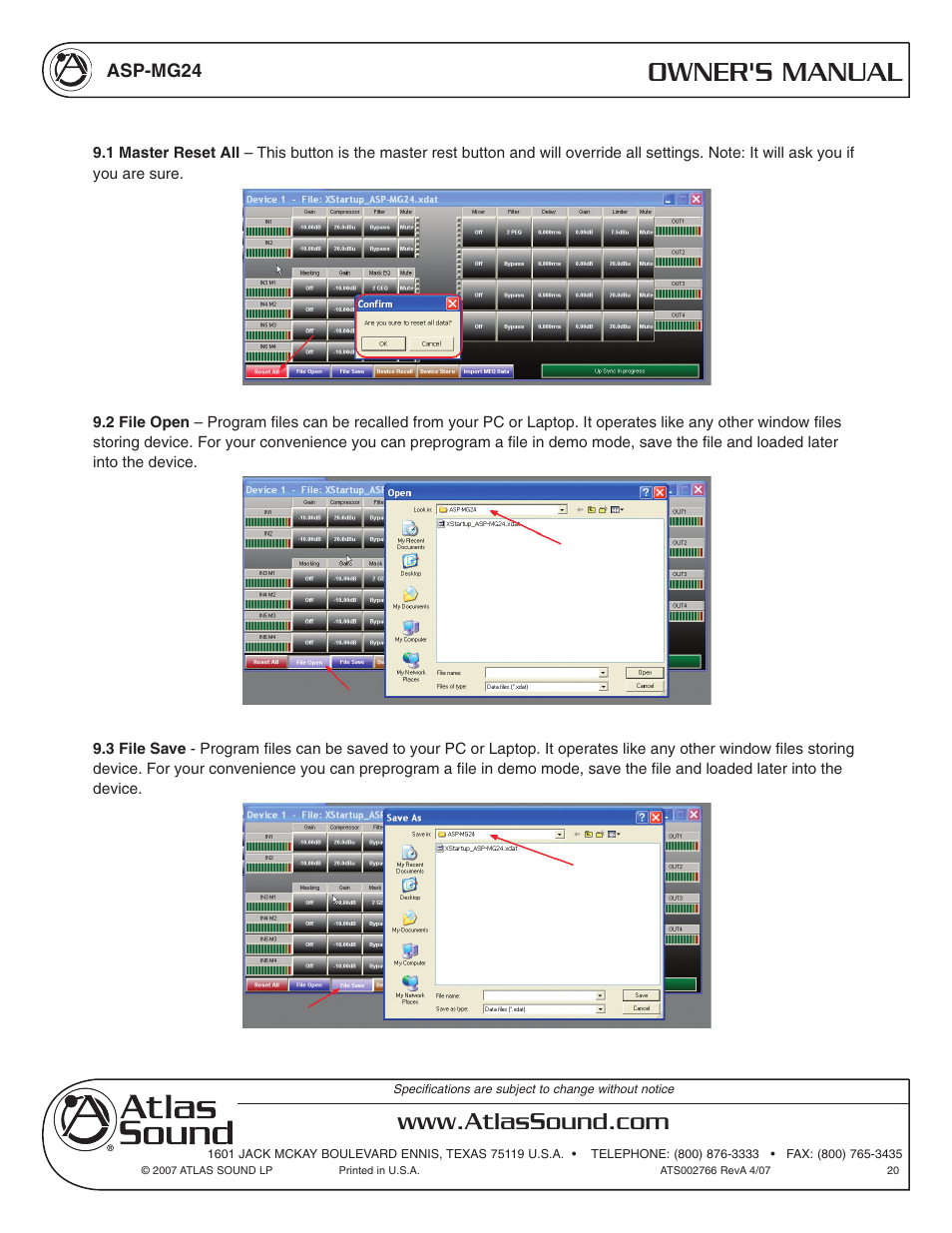 Owner's manual | Atlas Sound Sound Masking Generator/ Equalizer ASP-MG24 User Manual | Page 20 / 28