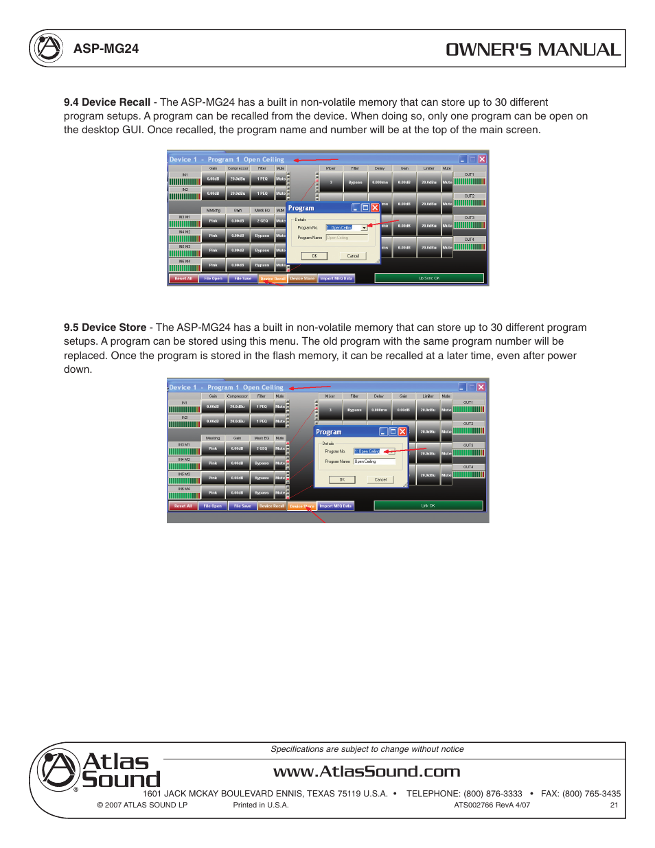 Owner's manual | Atlas Sound Sound Masking Generator/ Equalizer ASP-MG24 User Manual | Page 21 / 28