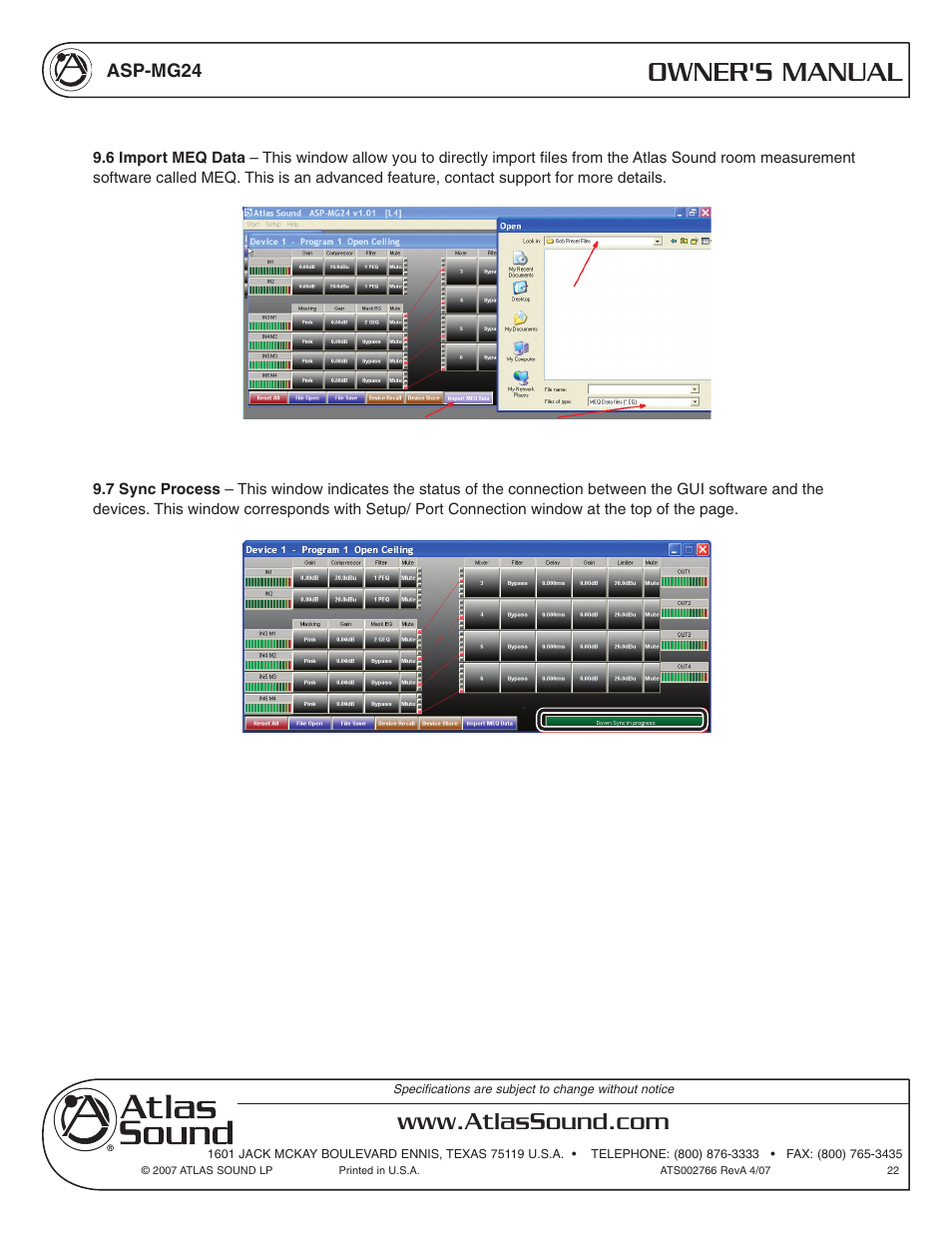 Owner's manual | Atlas Sound Sound Masking Generator/ Equalizer ASP-MG24 User Manual | Page 22 / 28