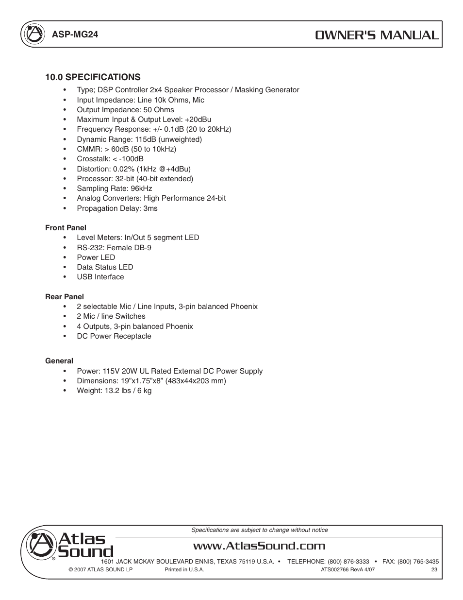 Owner's manual | Atlas Sound Sound Masking Generator/ Equalizer ASP-MG24 User Manual | Page 23 / 28