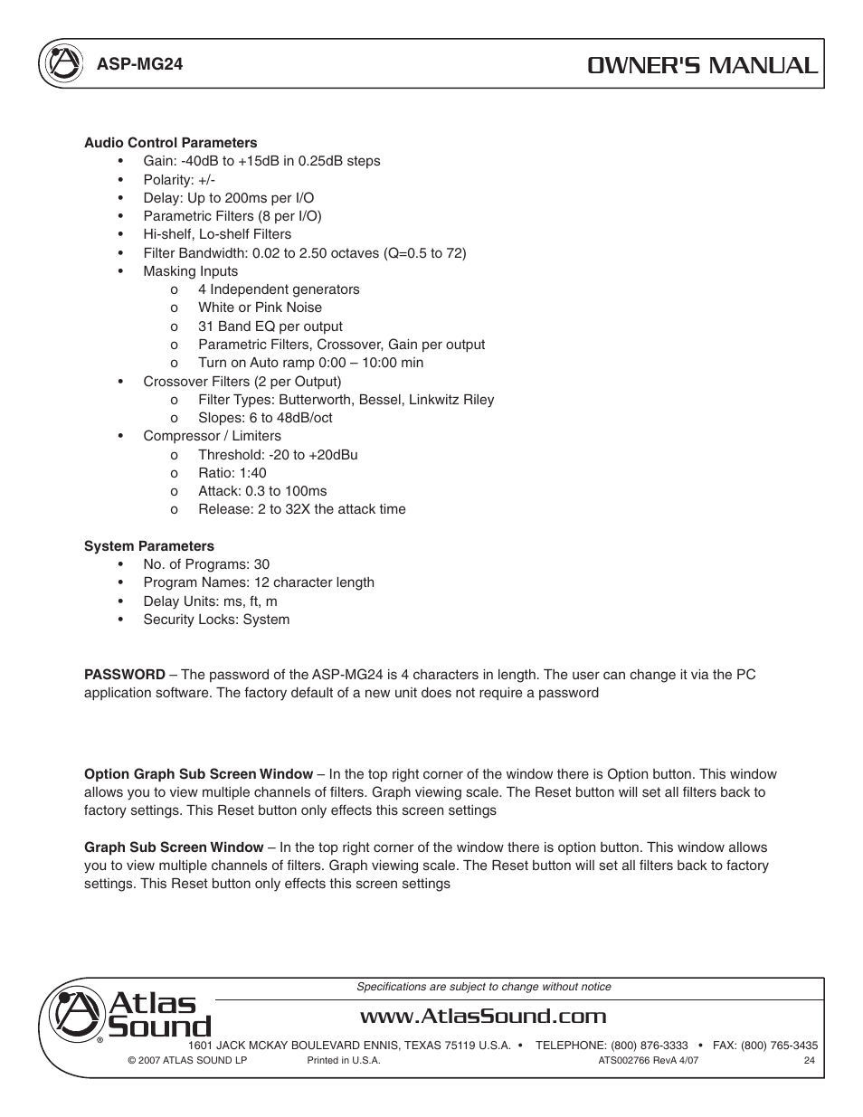 Owner's manual | Atlas Sound Sound Masking Generator/ Equalizer ASP-MG24 User Manual | Page 24 / 28