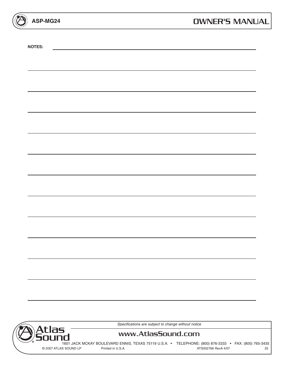 Owner's manual | Atlas Sound Sound Masking Generator/ Equalizer ASP-MG24 User Manual | Page 25 / 28