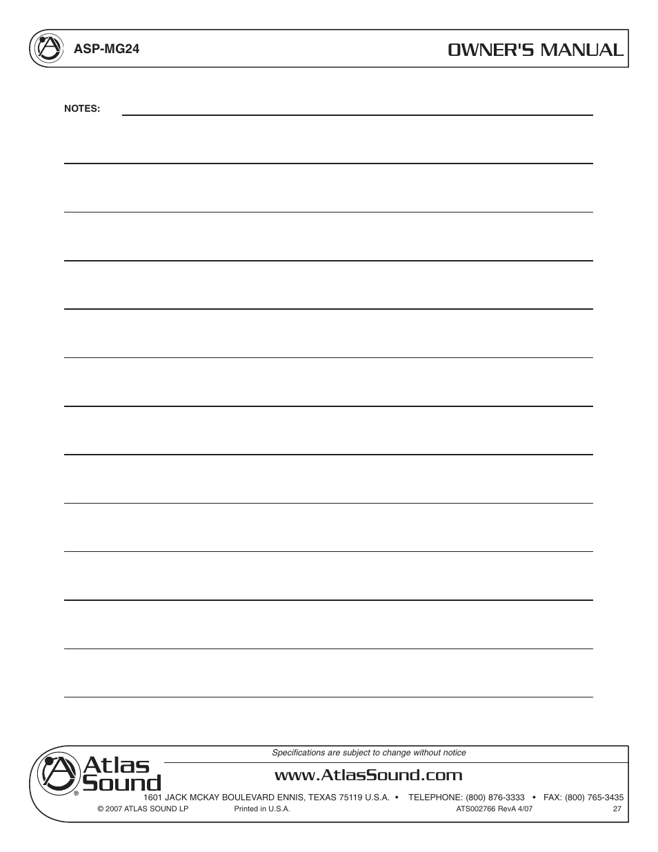 Owner's manual | Atlas Sound Sound Masking Generator/ Equalizer ASP-MG24 User Manual | Page 27 / 28