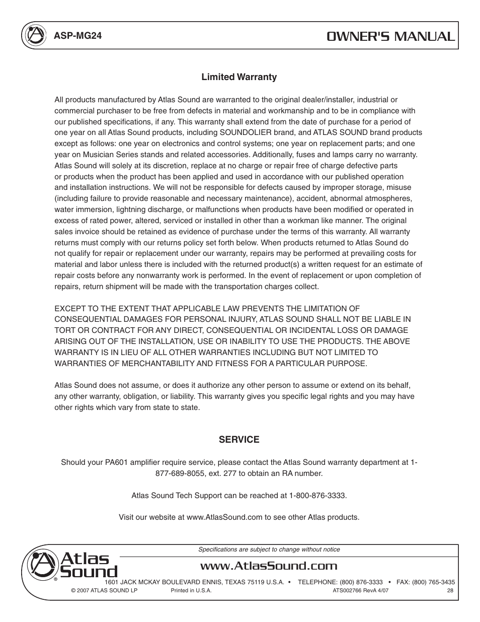 Owner's manual | Atlas Sound Sound Masking Generator/ Equalizer ASP-MG24 User Manual | Page 28 / 28