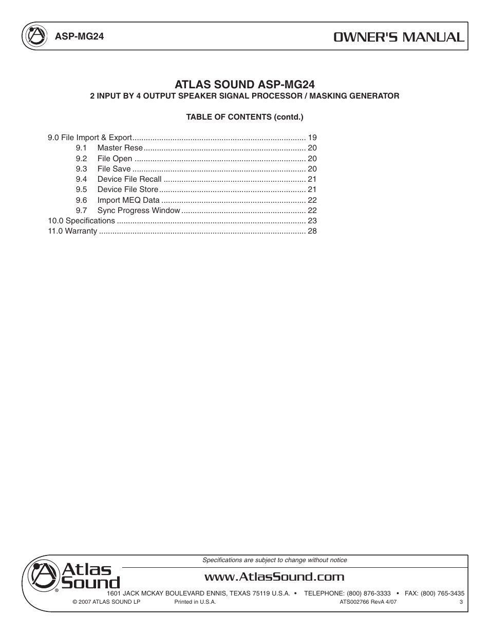 Owner's manual, Atlas sound asp-mg24 | Atlas Sound Sound Masking Generator/ Equalizer ASP-MG24 User Manual | Page 3 / 28