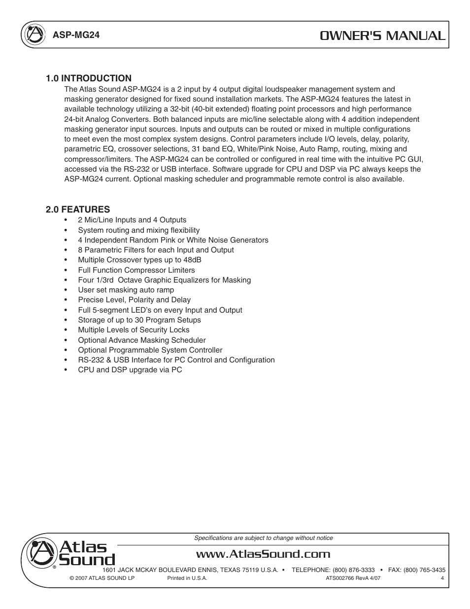 Owner's manual | Atlas Sound Sound Masking Generator/ Equalizer ASP-MG24 User Manual | Page 4 / 28