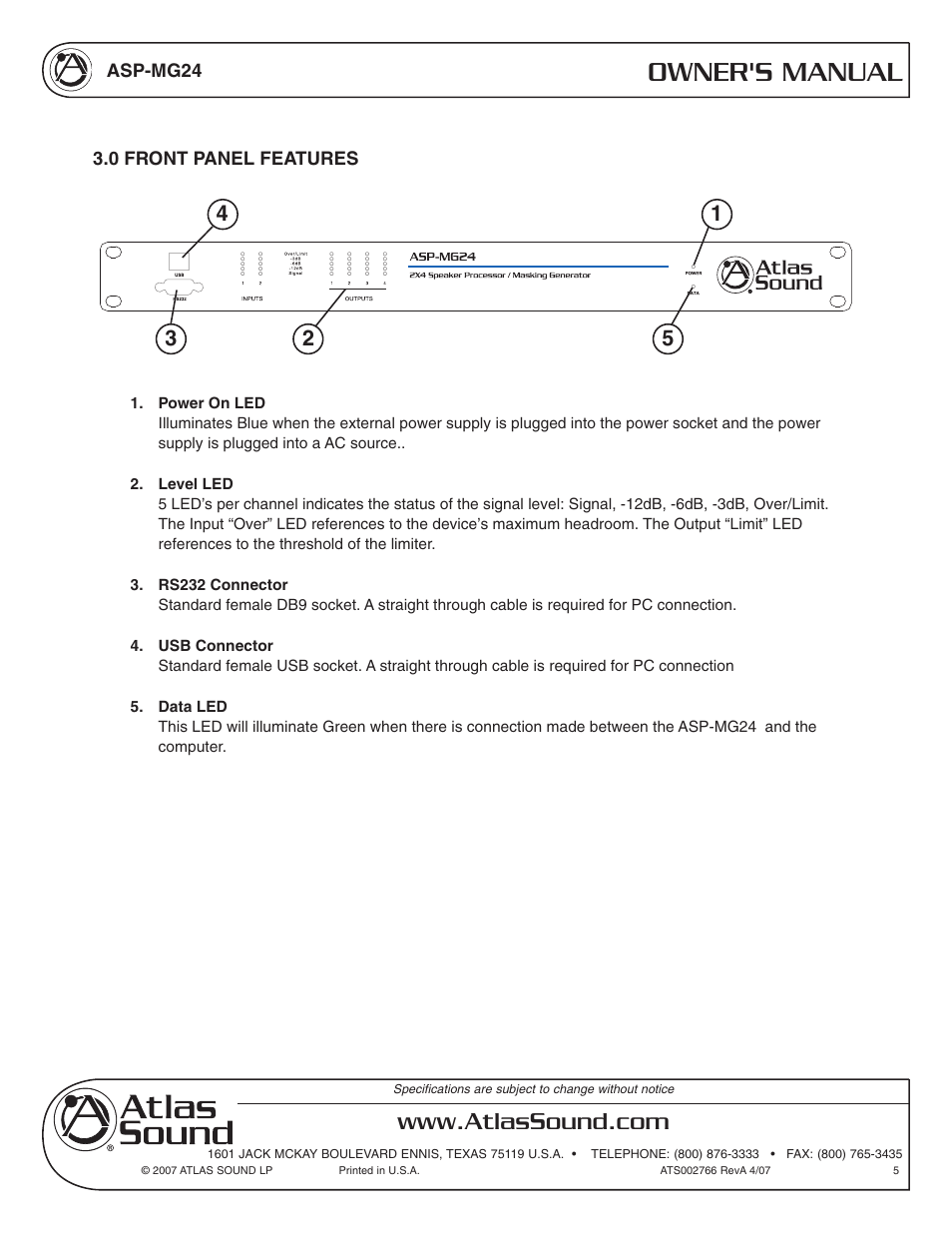 Owner's manual | Atlas Sound Sound Masking Generator/ Equalizer ASP-MG24 User Manual | Page 5 / 28