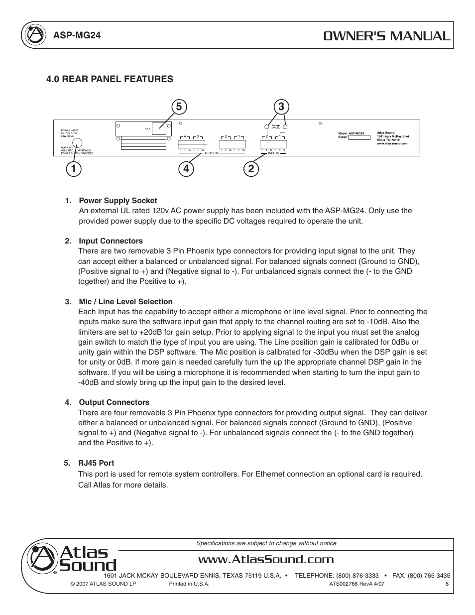 Owner's manual | Atlas Sound Sound Masking Generator/ Equalizer ASP-MG24 User Manual | Page 6 / 28
