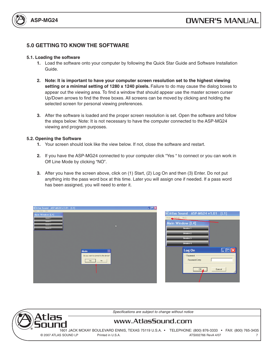 Owner's manual | Atlas Sound Sound Masking Generator/ Equalizer ASP-MG24 User Manual | Page 7 / 28