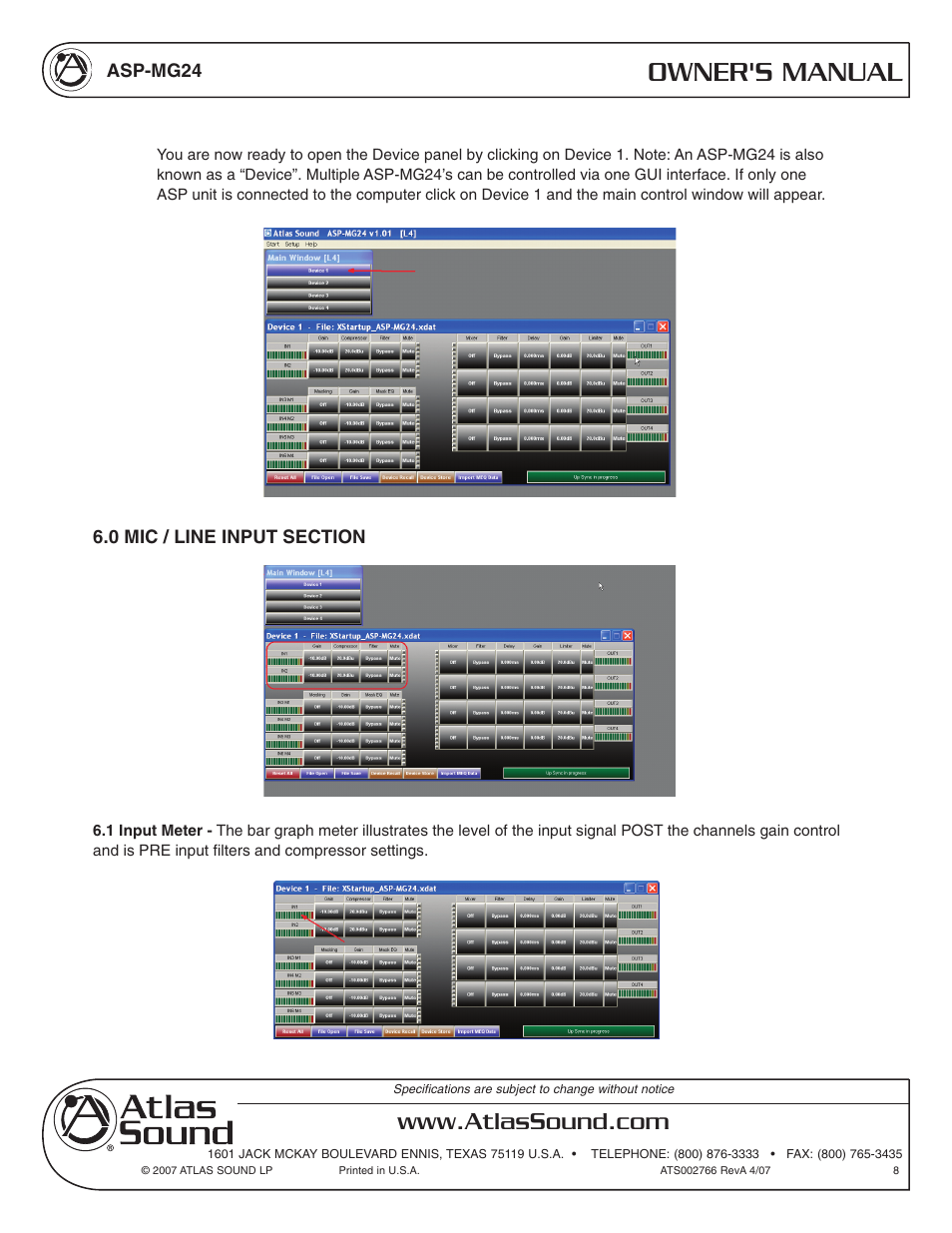 Owner's manual | Atlas Sound Sound Masking Generator/ Equalizer ASP-MG24 User Manual | Page 8 / 28