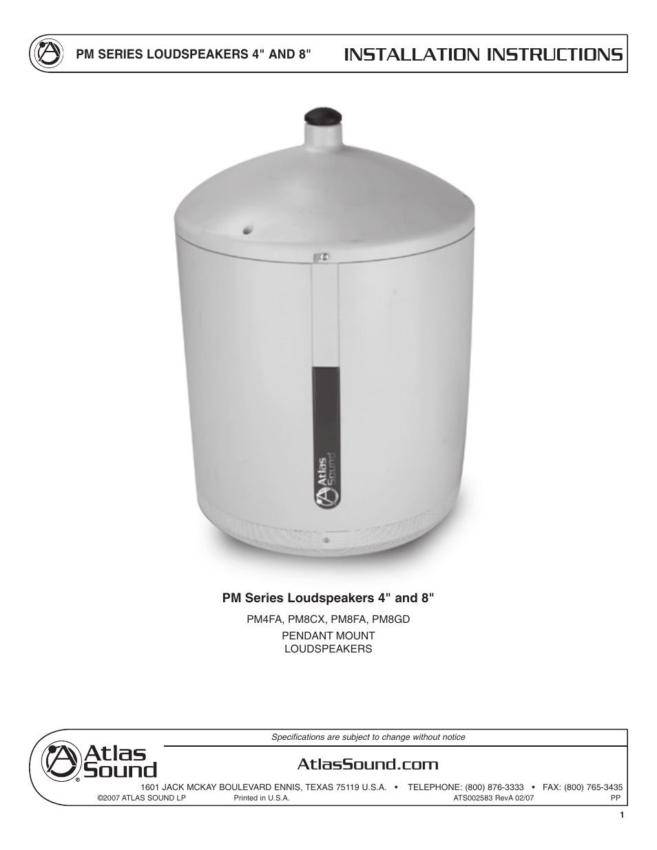 Atlas Sound PM Series User Manual | 12 pages