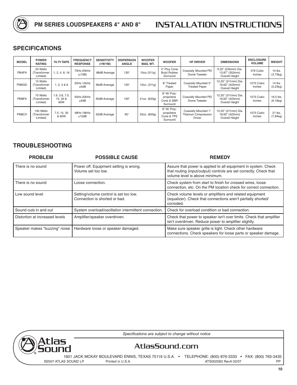 Installation instructions, Pm series loudspeakers 4" and 8, Specifications troubleshooting | Problem possible cause remedy | Atlas Sound PM Series User Manual | Page 10 / 12