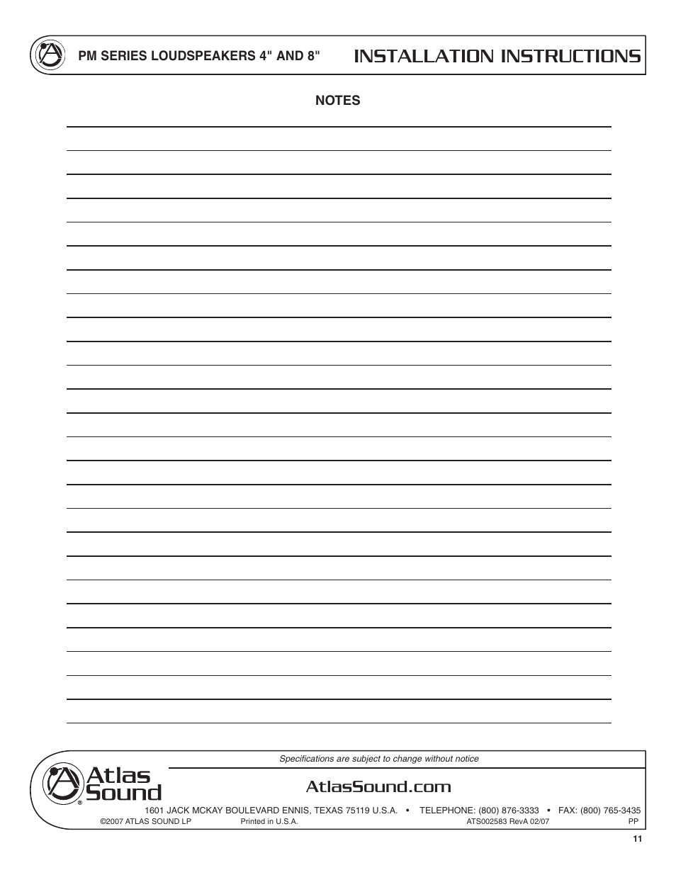 Installation instructions | Atlas Sound PM Series User Manual | Page 11 / 12
