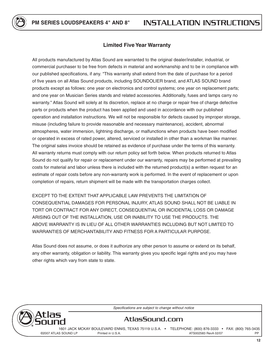 Installation instructions | Atlas Sound PM Series User Manual | Page 12 / 12