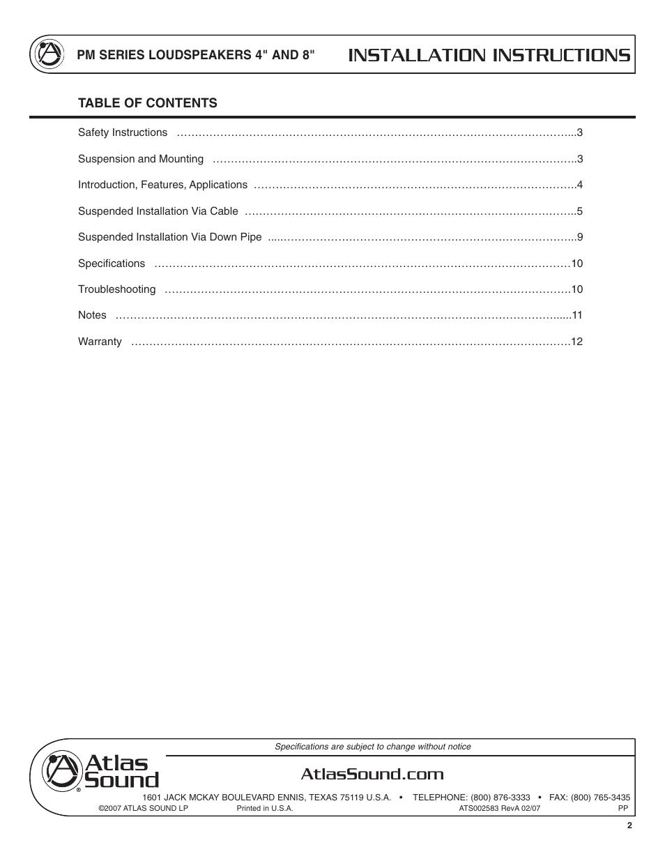 Installation instructions | Atlas Sound PM Series User Manual | Page 2 / 12