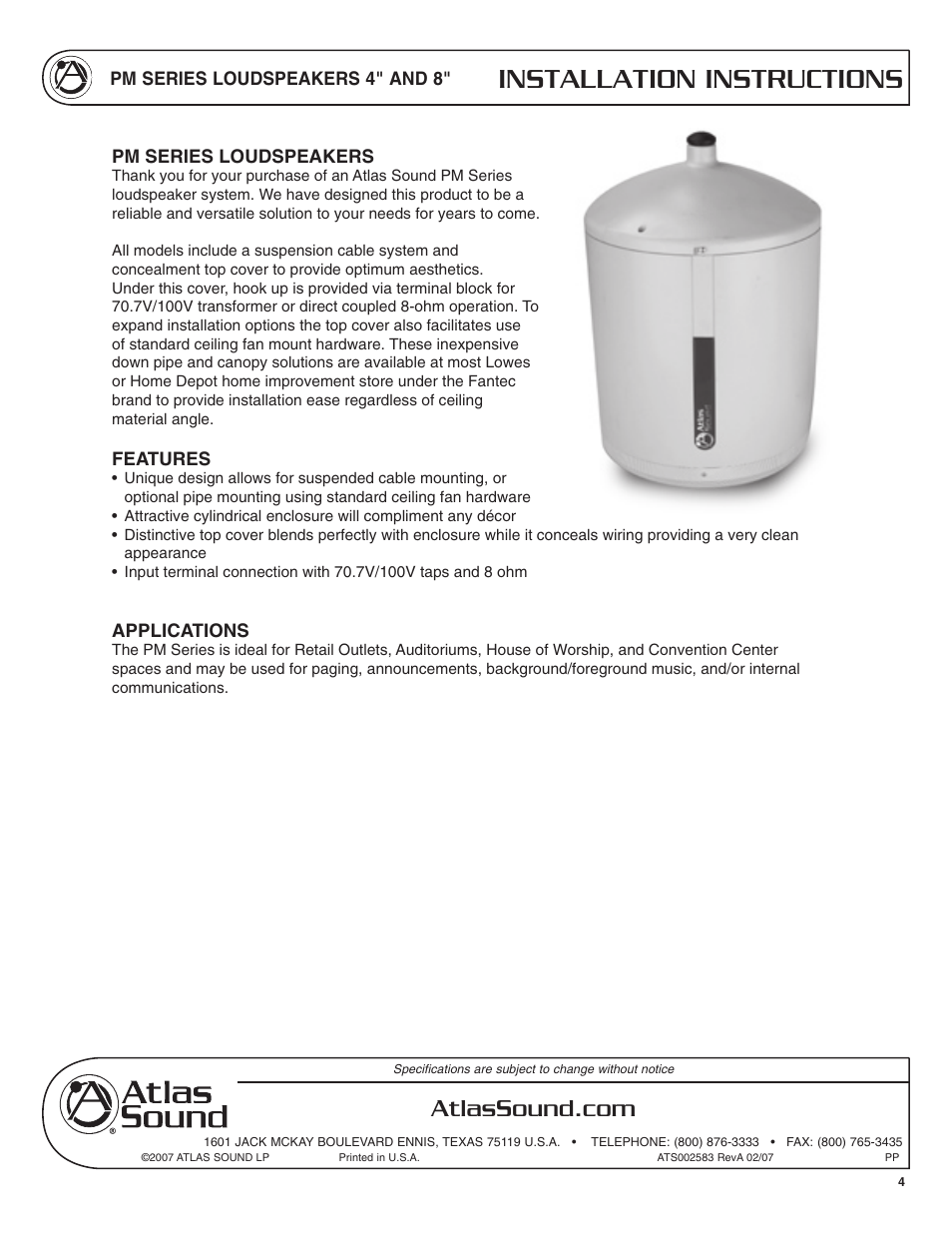 Installation instructions | Atlas Sound PM Series User Manual | Page 4 / 12