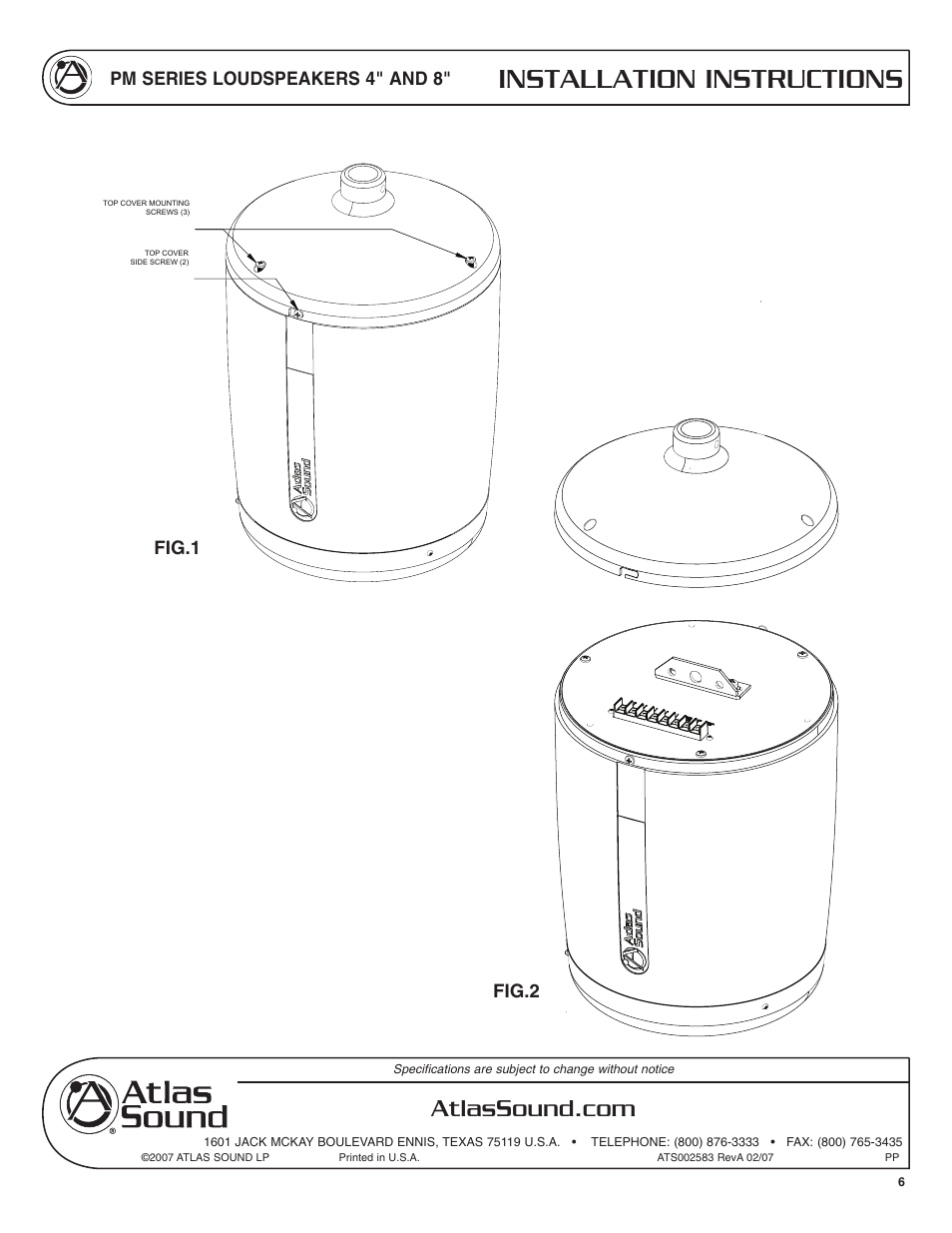 Installation instructions, Pm series loudspeakers 4" and 8, Fig.1 fig.2 | Atlas Sound PM Series User Manual | Page 6 / 12