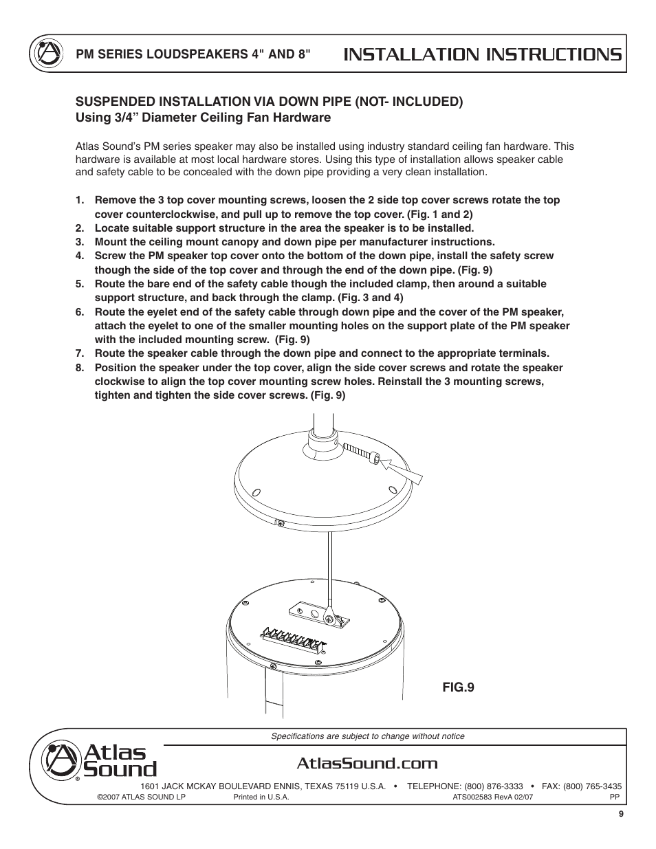 Installation instructions | Atlas Sound PM Series User Manual | Page 9 / 12